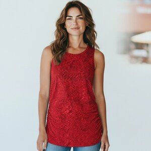The Limited Sleeveless Ruched Tunic Tank Top Sz L Red w/ Black Dots #69i